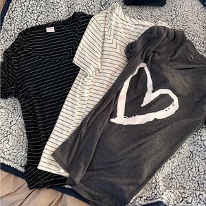 Lot of 3 womens L shirts-Striped & Heart Tee Bundle-Black, White, Charcoal NWOT